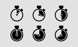 Timer Isolated Icon Set On Transparent Background. Countdown Timers. Stopwatch Symbol. Time Management. Time Clock Sign. Watch Icon. Vector EPS 10.