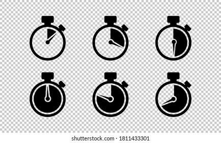 Timer isolated icon set on transparent background. Countdown timers. Stopwatch symbol. Time management. Time clock sign. Watch icon. Vector EPS 10.