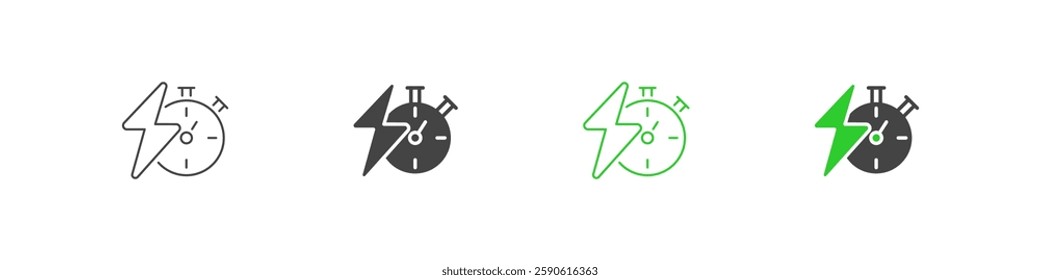 Timer with Lightning Bolt Vector Outline and Flat Icon Set