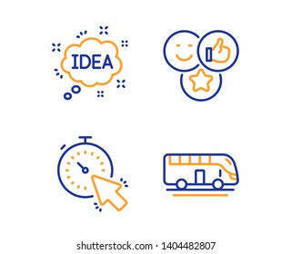Timer, Like and Idea icons simple set. Bus tour sign. Time management, Social media likes, Creative message. Transport. Business set. Linear timer icon. Colorful design set. Vector