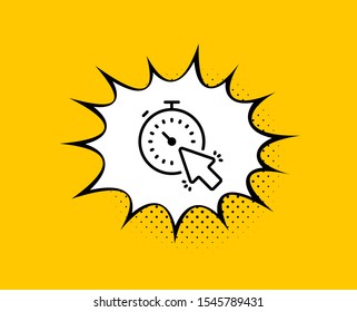 Timer line icon. Comic speech bubble. Time or clock sign. Mouse cursor symbol. Yellow background with chat bubble. Timer icon. Colorful banner. Vector