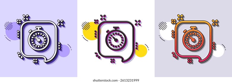 Timer line icon. Halftone dotted pattern. Gradient icon with grain shadow. Time or clock in speech bubble sign. Line timer icon. Various designs. Vector