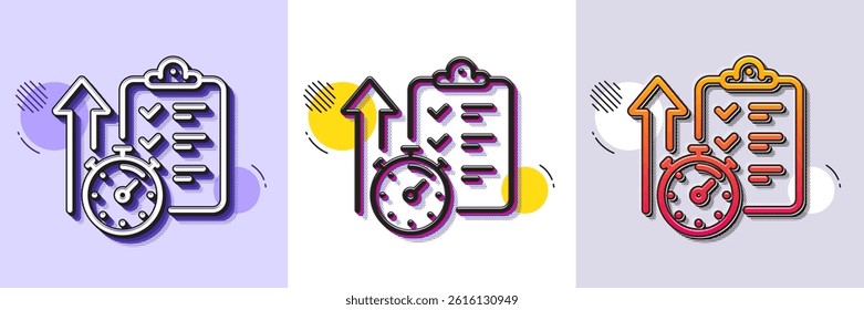 Timer line icon. Halftone dotted pattern. Gradient icon with grain shadow. Stopwatch time results sign. Report checklist with countdown clock symbol. Line timer icon. Various designs. Vector