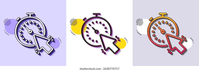 Timer line icon. Halftone dotted pattern. Gradient icon with grain shadow. Time or clock sign. Mouse cursor symbol. Line timer icon. Various designs. Vector