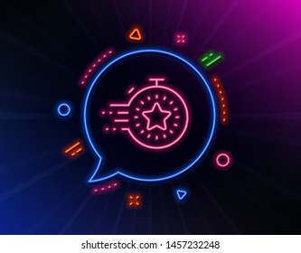 Timer line icon. Neon laser lights. Time management sign. Stopwatch with star symbol. Glow laser speech bubble. Neon lights chat bubble. Banner badge with timer icon. Vector