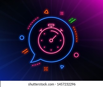 Timer line icon. Neon laser lights. Time management sign. Stopwatch symbol. Glow laser speech bubble. Neon lights chat bubble. Banner badge with timer icon. Vector