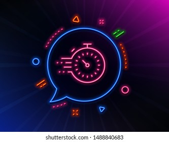 Timer line icon. Neon laser lights. Time management sign. Stopwatch symbol. Glow laser speech bubble. Neon lights chat bubble. Banner badge with timer icon. Vector