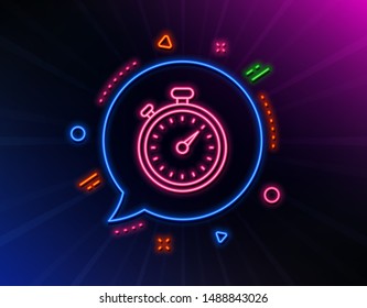 Timer line icon. Neon laser lights. Stopwatch symbol. Time management sign. Glow laser speech bubble. Neon lights chat bubble. Banner badge with timer icon. Vector