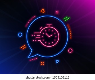 Timer line icon. Neon laser lights. Time management sign. Stopwatch symbol. Glow laser speech bubble. Neon lights chat bubble. Banner badge with timer icon. Vector