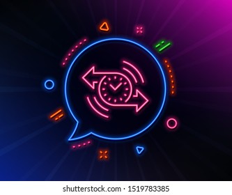 Timer line icon. Neon laser lights. Time or clock sign. Glow laser speech bubble. Neon lights chat bubble. Banner badge with timer icon. Vector