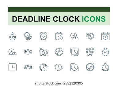 Timer line icon set. Clock and timer, alarm, bell, speed,  deadline, stopwatch, timekeeper, calendar and watch outline icon collection.