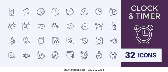 Timer line icon set. Clock and timer, alarm, bell, speed,  deadline, stopwatch, timekeeper, calendar and watch outline icon collection.