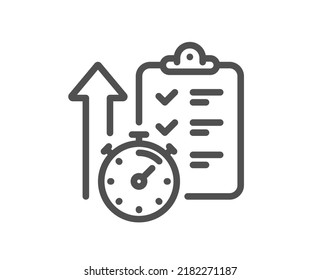 Timer line icon. Stopwatch time results sign. Report checklist with countdown clock symbol. Quality design element. Linear style timer icon. Editable stroke. Vector