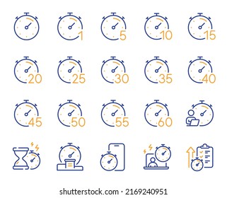 Timer line icons. Hourglass, clock time and stopwatch. Alarm countdown, sport measurement tool and 1 hour line icons. 10 minutes timer, time report, cook clock. Fast service, 60 seconds. Vector