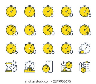 Timer line icons. Hourglass, clock time and stopwatch. Alarm countdown, sport measurement tool and 1 hour line icons. 10 minutes timer, time report, cook clock. Fast service, 60 seconds. Vector