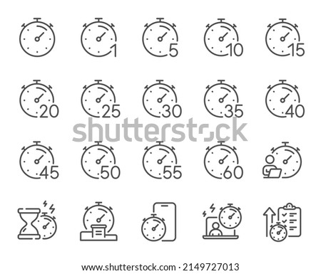 Timer line icons. Hourglass, clock time and stopwatch. Alarm countdown, sport measurement tool and 1 hour line icons. 10 minutes timer, time report, cook clock. Fast service, 60 seconds. Vector