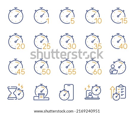 Timer line icons. Hourglass, clock time and stopwatch. Alarm countdown, sport measurement tool and 1 hour line icons. 10 minutes timer, time report, cook clock. Fast service, 60 seconds. Vector