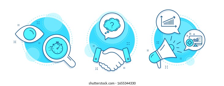 Timer, Medical analytics and Question mark line icons set. Handshake deal, research and promotion complex icons. Chart sign. Deadline management, Medicine system, Quiz chat. Presentation chart. Vector