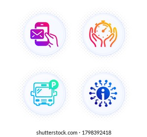 Timer, Messenger mail and Bus parking icons simple set. Button with halftone dots. Info sign. Deadline management, New e-mail, Public park. Information. Technology set. Vector