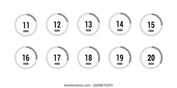 timer minutes 11, 12, 13, 14, 15, 16, 17, 18, 19, 20 symbol set icon vector black style isolated on white background. Clock, stopwatch, sport icon