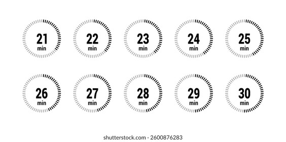 timer minutes 21, 22, 23, 24, 25, 26, 27, 28, 29, 30 set symbol icon vector black style isolated on white background. Clock, stopwatch, sport icon