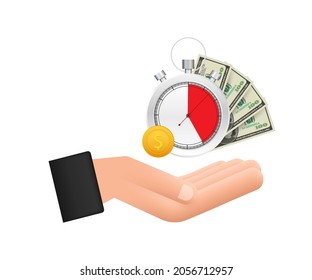 Tiempo y dinero en manos. Reloj y bolso, tiempo es dinero, préstamo rápido, período de pago, cuenta de ahorro. Ilustración de material vectorial.