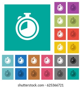 Timer multi colored flat icons on plain square backgrounds. Included white and darker icon variations for hover or active effects.