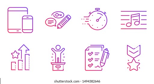 Timer, Musical note and Winner podium line icons set. Ranking stars, Survey checklist and Mobile devices signs. Keywords, Winner medal symbols. Deadline management, Music. Education set. Vector