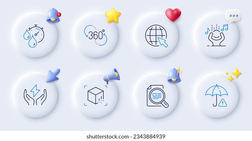 Iconos de la línea de energía de temporizador, ruido y seguridad. Botones con timbre 3d, discurso de chat, cursor. Paquete de 360 grados, Realidad aumentada, Icono de Gestión de Riesgos. Internet, revisar el pictograma del artículo. Vector