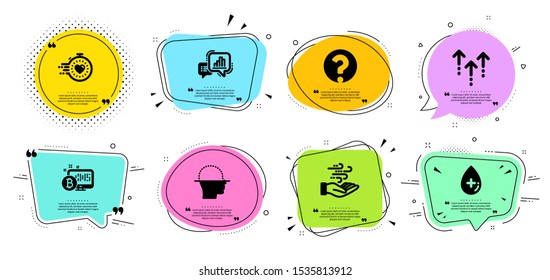 Timer, Oil serum and Swipe up line icons set. Chat bubbles with quotes. Graph chart, Wind energy and Bitcoin system signs. Question mark, Face scanning symbols. Vector