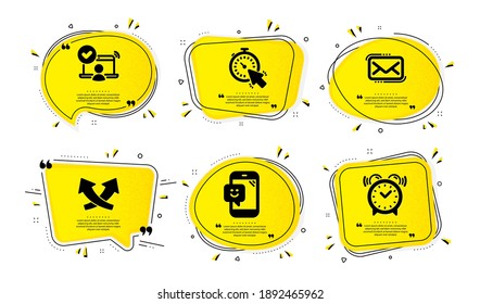 Timer, Online access and Messenger mail icons simple set. Yellow speech bubbles with dotwork effect. Smile, Intersection arrows and Alarm clock signs. Vector