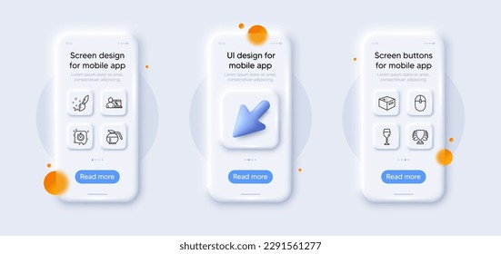 Paquete de iconos de la línea Timer, Online Education y Coffeepot. 3d teléfono se burla con el cursor. Pantalla de teléfono inteligente de vidrio. Ganador, ratón de ordenador, icono de pincel de pintura web. Vidrio, pictograma de la caja de Office. Vector