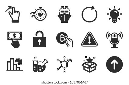 Timer, Payment click and Synchronize icons simple set. Lock, Loyalty program and Swipe up signs. Decreasing graph, Touchscreen gesture and Chemistry lab symbols. Flat icons set. Vector