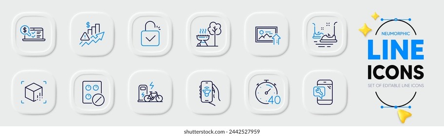 Timer, Phone repair and Bumper cars line icons for web app. Pack of Medical tablet, Augmented reality, Rise price pictogram icons. Grill, Music app, Electric bike signs. Lock. Vector