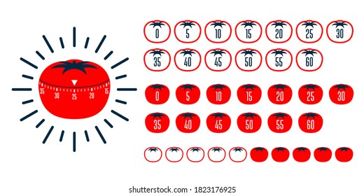 Timer pomodoro. Pomodoro time managment technique - kitchen timer. Flat stile vector illustration.