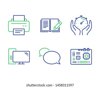 Timer, Printer and Messenger line icons set. Computer, Feedback and Motherboard signs. Deadline management, Printing device, Speech bubble. Pc component. Business set. Line timer outline icons. Vector