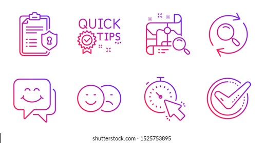 Timer, Privacy policy and Like line icons set. Search map, Search and Quick tips signs. Smile face, Confirmed symbols. Time management, Checklist. Technology set. Gradient timer icon. Vector