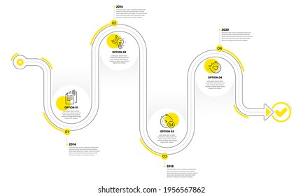 Iconos de línea de energía de temporizador, cuarentena y eco. infografía del plan de la línea de tiempo. Firma de datos adjuntos del documento. Gestión de plazos, Autoaislamiento, bombilla. Clip de papel. Conjunto de ciencia. Vector