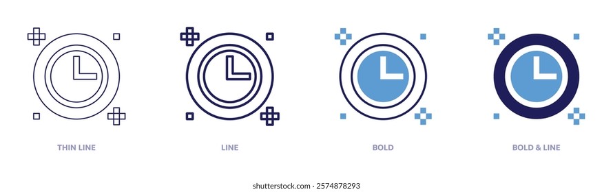 Timer for reminders icon in 4 different styles. Thin Line, Line, Bold, and Bold Line. Duotone style. Editable stroke.