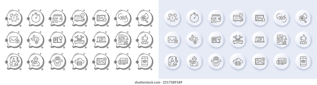 Timer, Repairman and Product knowledge line icons. White pin 3d buttons, chat bubbles icons. Pack of Qr code, Verified internet, Water analysis icon. Vector