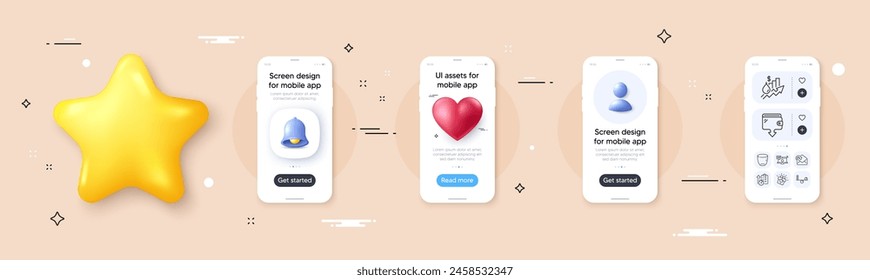 Timer, Rise Precio y Vip paquete de iconos de línea de acceso. Maqueta de pantalla de teléfono con campana 3d, estrella y marcador de posición. Cartera, Equilibrio, Icono de Web de regalo de amor. Recibir correo, pictograma de vidrio. Vector