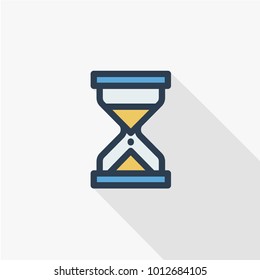 timer, sand hourglass, glass clock thin line flat icon. Linear vector illustration. Pictogram isolated on white background. Colorful long shadow design.