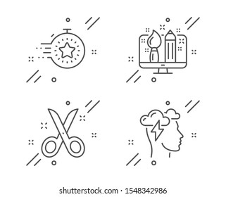 Timer, Scissors and Creative design line icons set. Mindfulness stress sign. Deadline management, Cutting tool, Designer. Cloud storm. Education set. Line timer outline icon. Vector