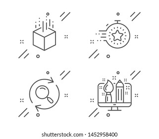 Timer, Search and Augmented reality line icons set. Creative design sign. Deadline management, Find results, Virtual reality. Designer. Technology set. Line timer outline icon. Vector