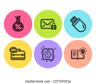 Timer, Secure mail and Loan icons simple set. 24h service, Usb stick and Product knowledge signs. Time management, Private e-mail. Business set. Flat timer icon. Circle button. Vector