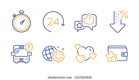 Timer, Seo gear and Low percent line icons set. 24 hours, Bus parking and Like signs. Heart, Loyalty program symbols. Stopwatch gadget, Web settings. Technology set. Line timer icon. Vector