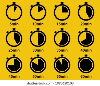 Timer set black silhouette icons. Stopwatch 5, 10, 15, 20, 25, 30, 35, 40, 45, 50, 55, 60 minutes. Time clock icon collection. Half and quarter of hour. Template chronometer.