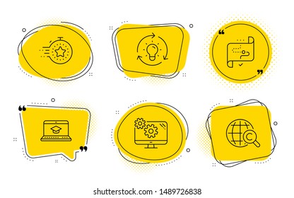 Timer, Settings and International Ð¡opyright signs. Chat bubbles. Idea, Target path and Website education line icons set. Lightbulb, Business aim, Video learning. Deadline management. Vector