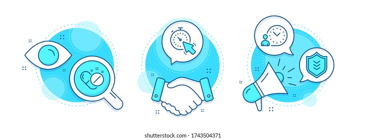 Timer, Shield and Medical pills line icons set. Handshake deal, research and promotion complex icons. Time management sign. Time management, Protection or security, Drugs. Business set. Vector