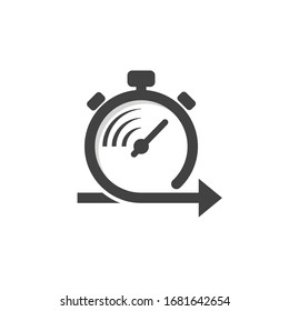 Timer sign. Alarm clock. Speed forward goal. Stopwatch. Countdown. Fast workflow. Meter measure. Flat design. Black white vector Illustration. Product service brand logo. Board label banner. App icon.